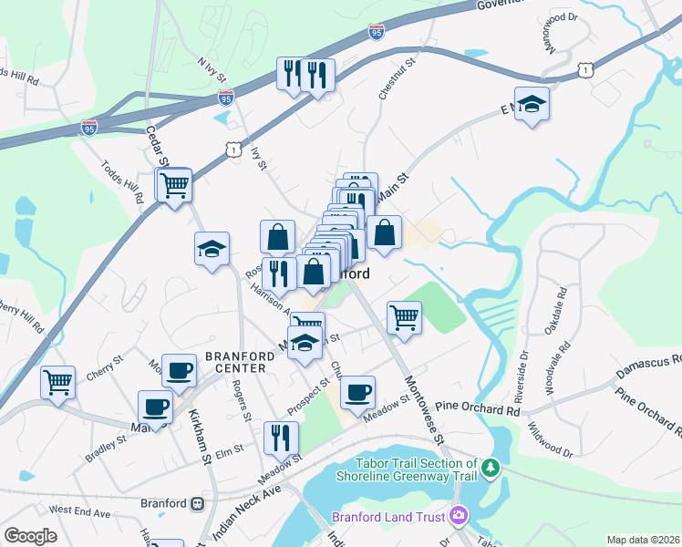 map of restaurants, bars, coffee shops, grocery stores, and more near in Branford