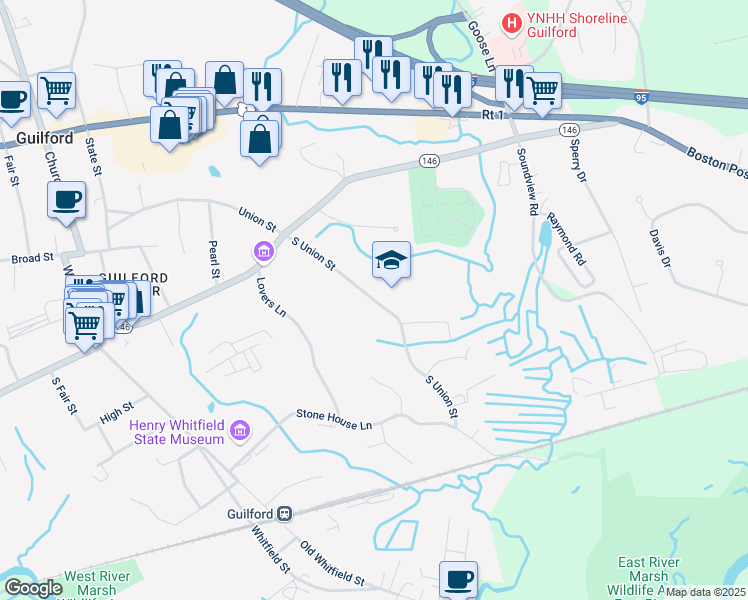 map of restaurants, bars, coffee shops, grocery stores, and more near 280 South Union Street in Guilford