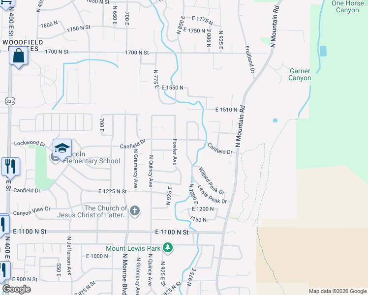 map of restaurants, bars, coffee shops, grocery stores, and more near 1369 Lewis Peak Drive in Ogden