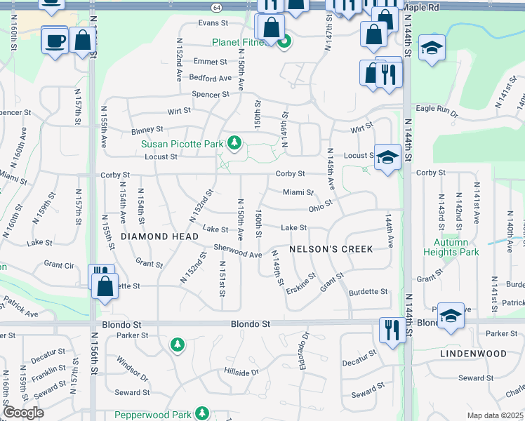 map of restaurants, bars, coffee shops, grocery stores, and more near 14908 Ohio Street in Omaha