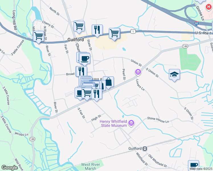 map of restaurants, bars, coffee shops, grocery stores, and more near 24 Graves Avenue in Guilford