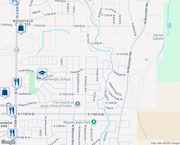 map of restaurants, bars, coffee shops, grocery stores, and more near 935 East 1400 North in Ogden
