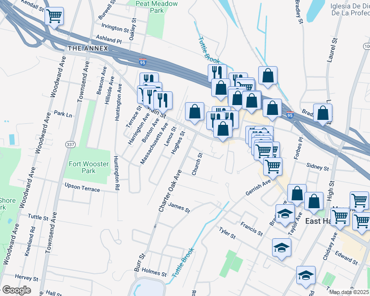 map of restaurants, bars, coffee shops, grocery stores, and more near 174 Charter Oak Avenue in East Haven