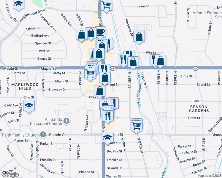 map of restaurants, bars, coffee shops, grocery stores, and more near 8941 Miami Street in Omaha