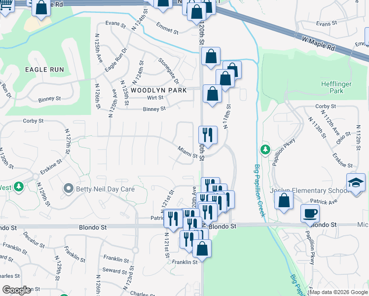 map of restaurants, bars, coffee shops, grocery stores, and more near 12102 Miami Street in Omaha