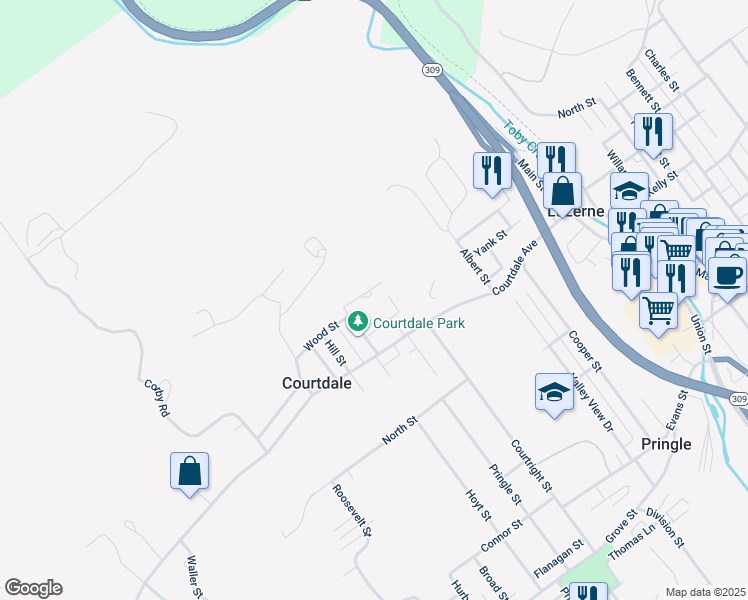 map of restaurants, bars, coffee shops, grocery stores, and more near 40 Hillside Street in Courtdale