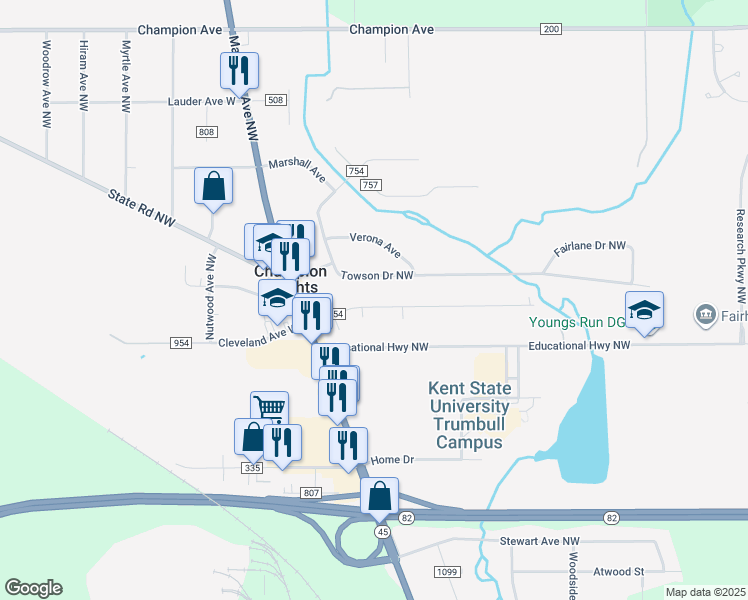 map of restaurants, bars, coffee shops, grocery stores, and more near 275 Cleveland Avenue East in Warren