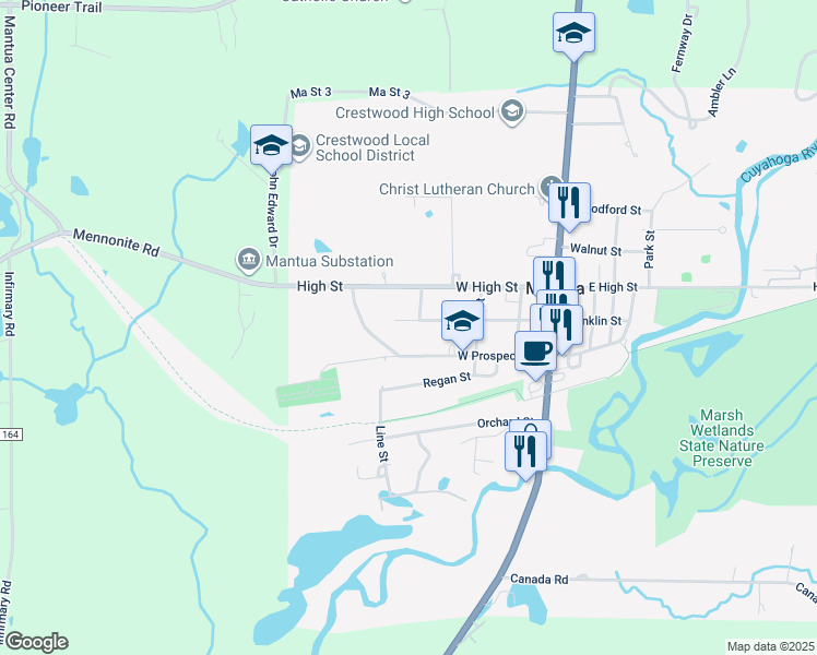 map of restaurants, bars, coffee shops, grocery stores, and more near 4522 Franklin Street in Mantua