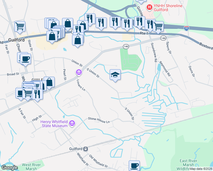 map of restaurants, bars, coffee shops, grocery stores, and more near 267 South Union Street in Guilford