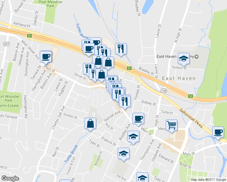 map of restaurants, bars, coffee shops, grocery stores, and more near 457 Main Street in East Haven