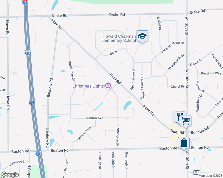 map of restaurants, bars, coffee shops, grocery stores, and more near 14799 Bennington Drive in Strongsville