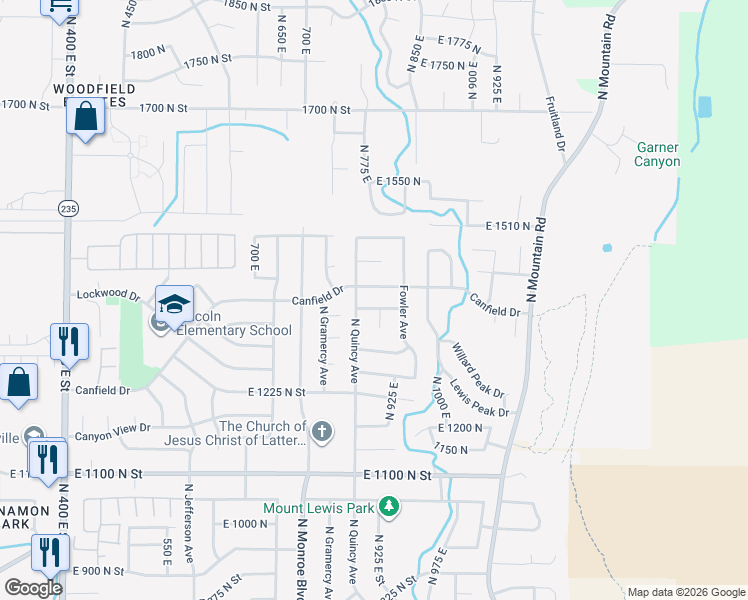 map of restaurants, bars, coffee shops, grocery stores, and more near 935 East 1400 North in Ogden