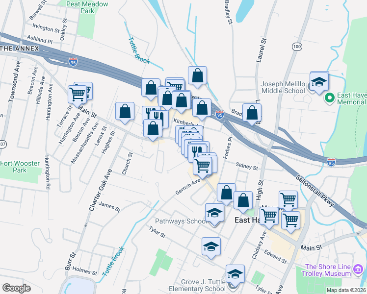 map of restaurants, bars, coffee shops, grocery stores, and more near Main Street in New Haven