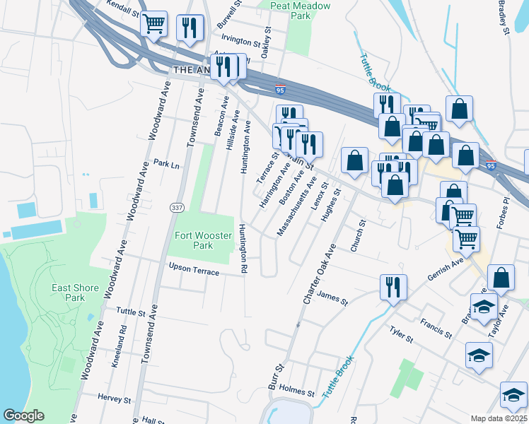 map of restaurants, bars, coffee shops, grocery stores, and more near 38 Harrington Avenue in New Haven