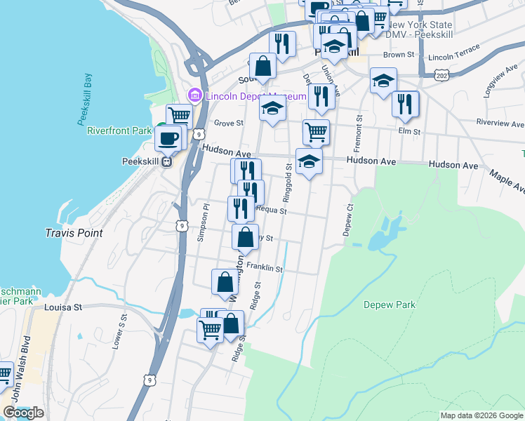 map of restaurants, bars, coffee shops, grocery stores, and more near 361 Dyckman Street in Peekskill