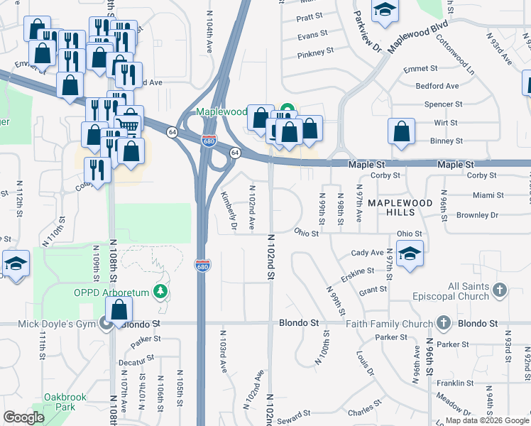 map of restaurants, bars, coffee shops, grocery stores, and more near 2628 North 102nd Street in Omaha