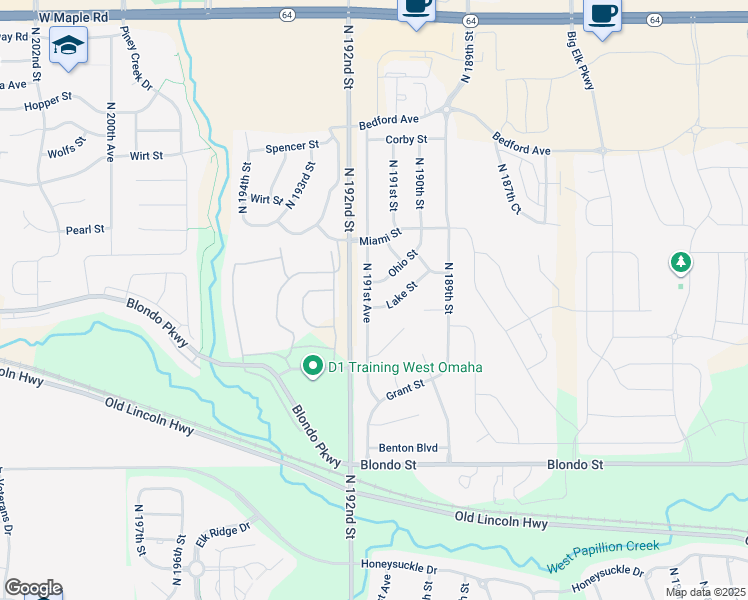 map of restaurants, bars, coffee shops, grocery stores, and more near 19910 Lake Street in Omaha