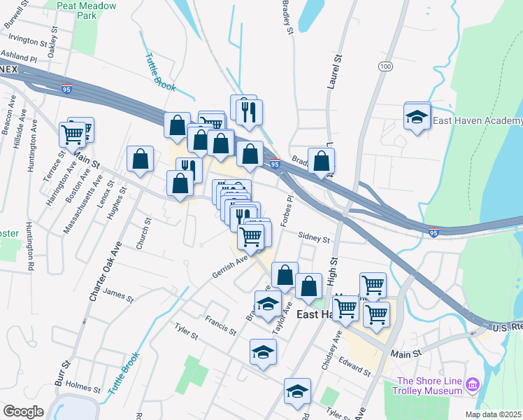 map of restaurants, bars, coffee shops, grocery stores, and more near 42 Guilford Court in East Haven