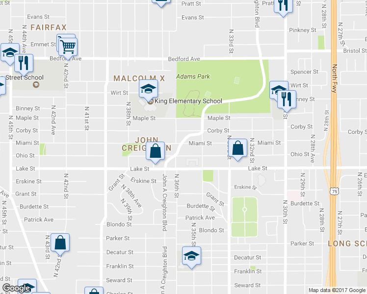 map of restaurants, bars, coffee shops, grocery stores, and more near 3471 Miami Street in Omaha