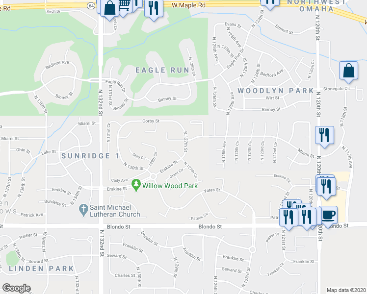 map of restaurants, bars, coffee shops, grocery stores, and more near 2626 North 127th Street in Omaha