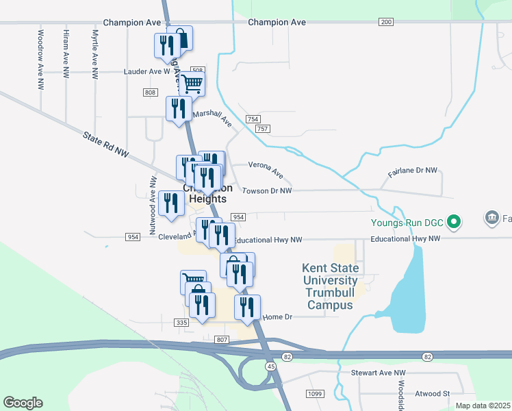 map of restaurants, bars, coffee shops, grocery stores, and more near 275 Cleveland Avenue East in Warren