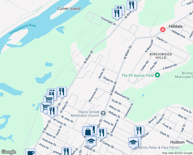 map of restaurants, bars, coffee shops, grocery stores, and more near 31 Burke Street in Wilkes-Barre