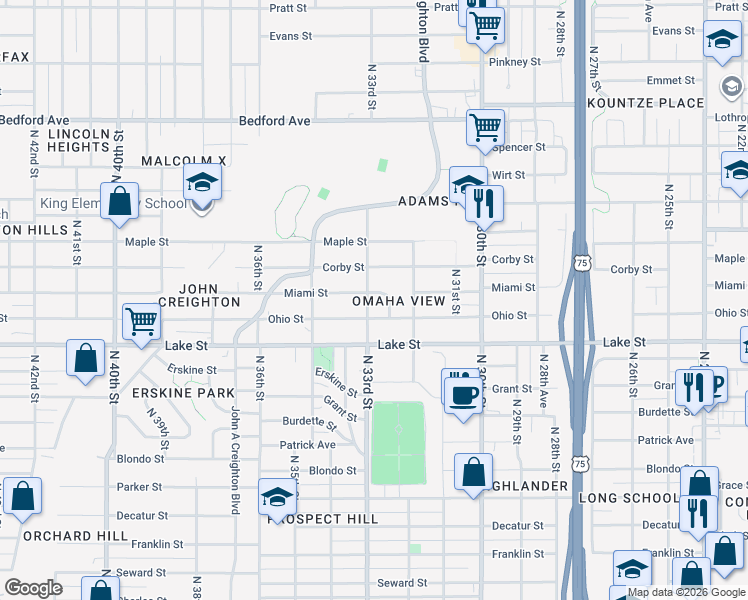 map of restaurants, bars, coffee shops, grocery stores, and more near 3237 Miami St in Omaha