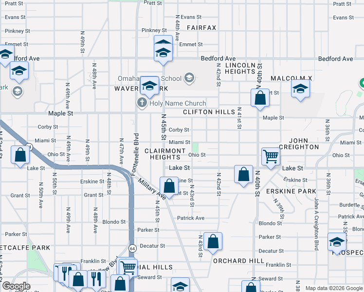 map of restaurants, bars, coffee shops, grocery stores, and more near 4319 Miami Street in Omaha