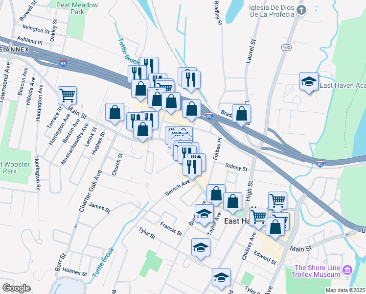 map of restaurants, bars, coffee shops, grocery stores, and more near 457 Main Street in East Haven