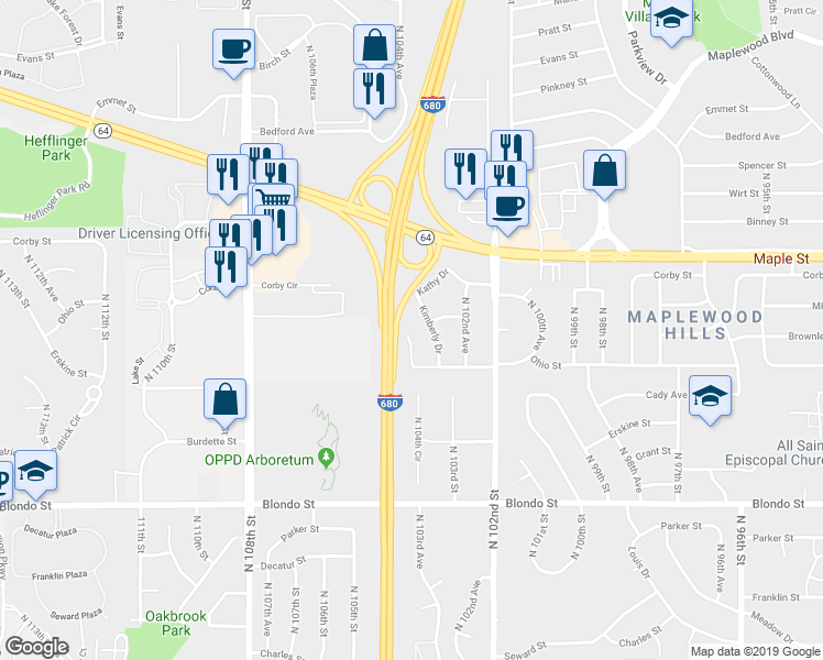 map of restaurants, bars, coffee shops, grocery stores, and more near 2643 North 103rd Court in Omaha