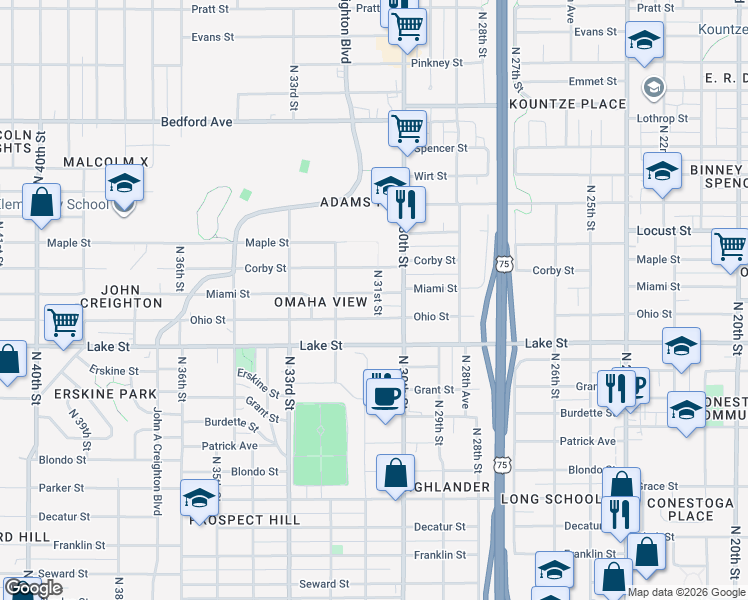 map of restaurants, bars, coffee shops, grocery stores, and more near 3101 Miami Street in Omaha