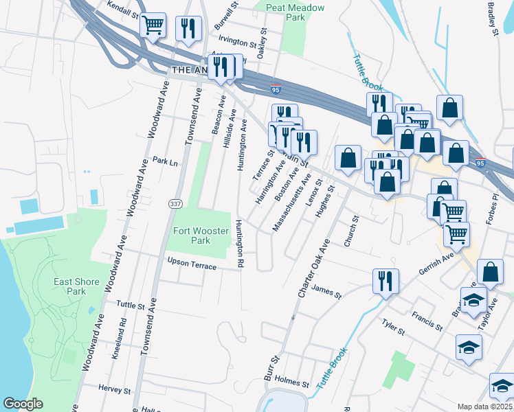 map of restaurants, bars, coffee shops, grocery stores, and more near 38 Harrington Avenue in New Haven