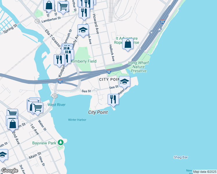 map of restaurants, bars, coffee shops, grocery stores, and more near in New Haven