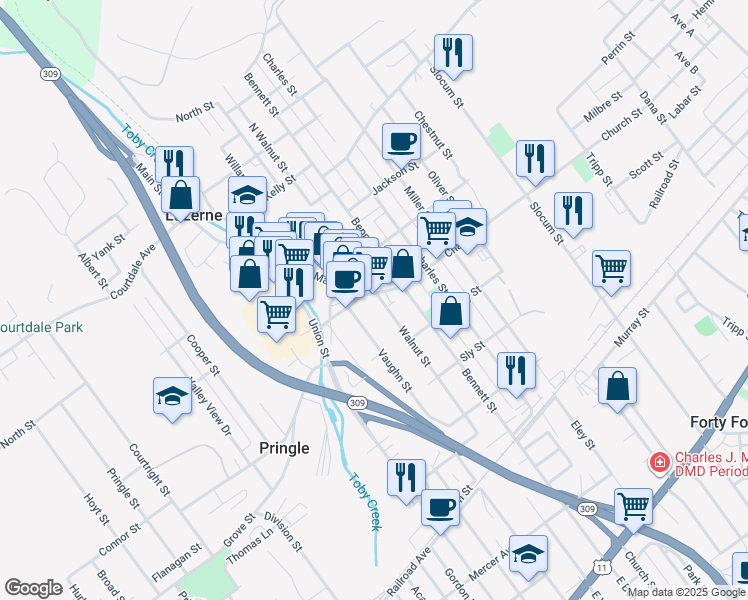 map of restaurants, bars, coffee shops, grocery stores, and more near 30 Buckingham Street in Luzerne