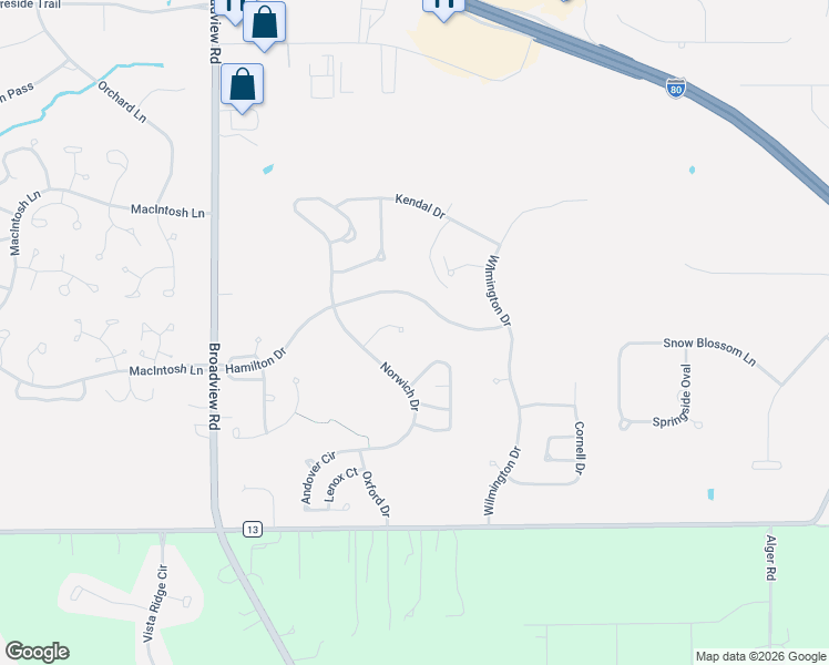 map of restaurants, bars, coffee shops, grocery stores, and more near 1400 Hamilton Drive in Broadview Heights