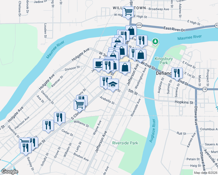map of restaurants, bars, coffee shops, grocery stores, and more near 622-644 Clinton Street in Defiance
