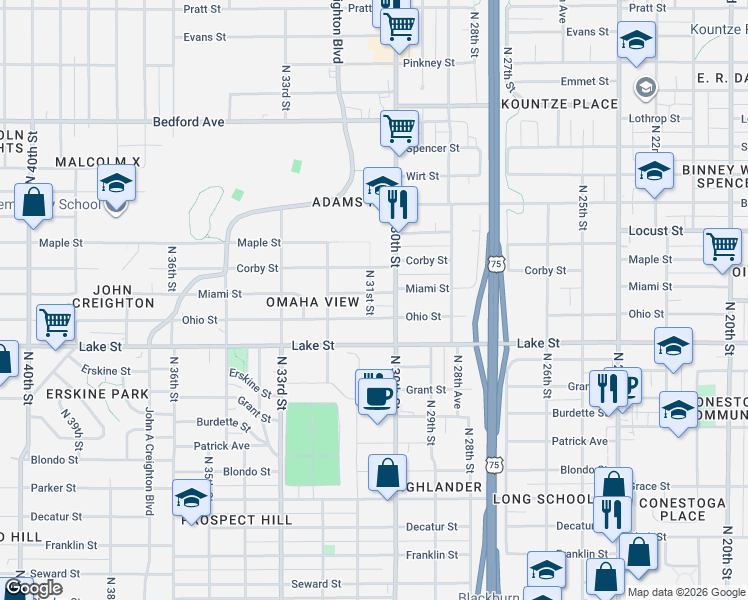 map of restaurants, bars, coffee shops, grocery stores, and more near 3101 Miami Street in Omaha