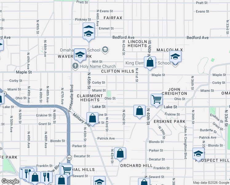 map of restaurants, bars, coffee shops, grocery stores, and more near 4235 Miami Street in Omaha