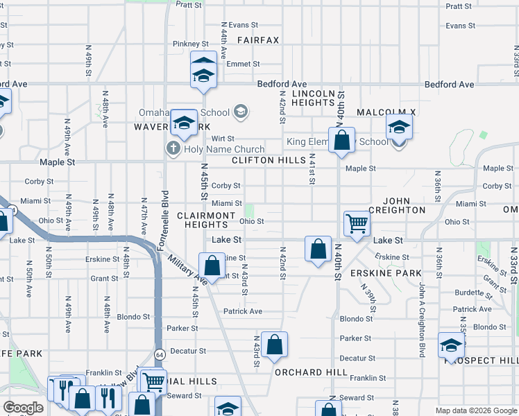map of restaurants, bars, coffee shops, grocery stores, and more near 4235 Miami Street in Omaha