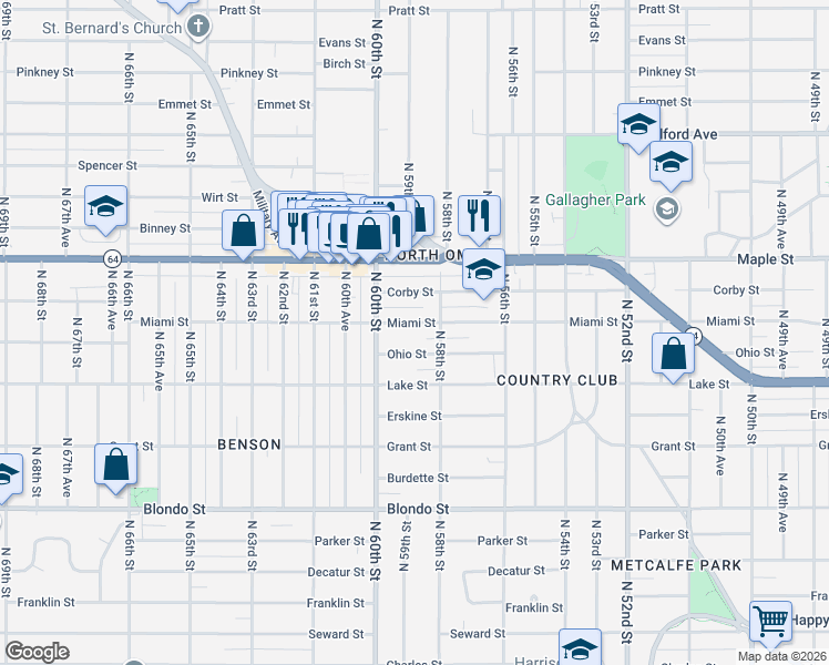 map of restaurants, bars, coffee shops, grocery stores, and more near 5815 Miami Street in Omaha
