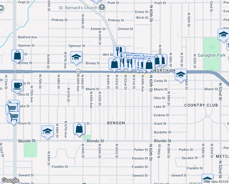 map of restaurants, bars, coffee shops, grocery stores, and more near 2543 North 64th Street in Omaha