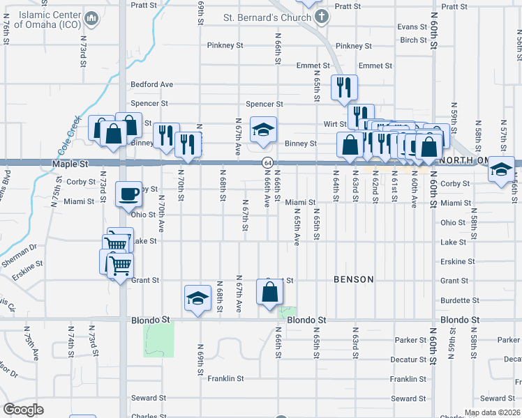 map of restaurants, bars, coffee shops, grocery stores, and more near 2608 North 66th Avenue in Omaha