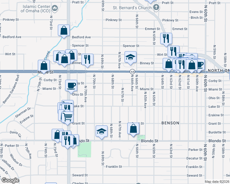 map of restaurants, bars, coffee shops, grocery stores, and more near 2612 North 68th Street in Omaha