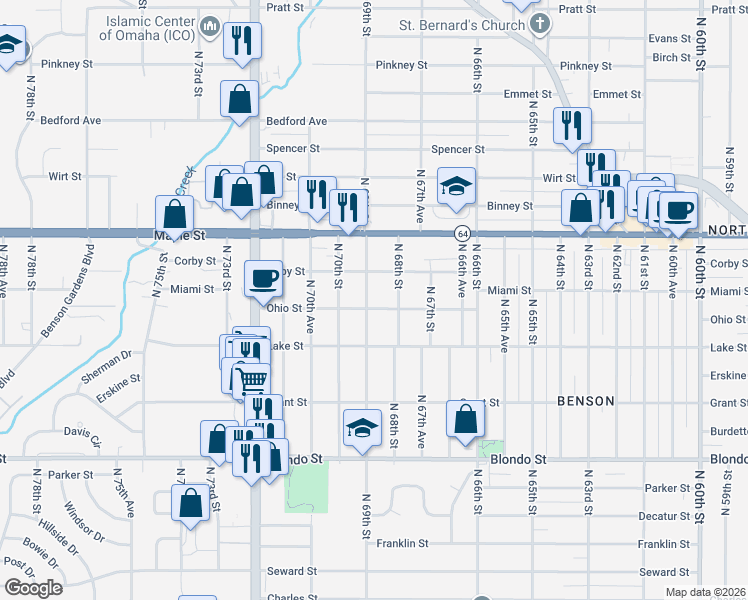 map of restaurants, bars, coffee shops, grocery stores, and more near 2616 North 69th Street in Omaha