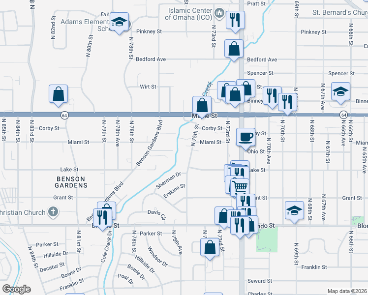map of restaurants, bars, coffee shops, grocery stores, and more near 2538 North 75th Street in Omaha