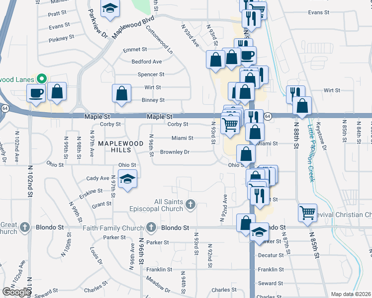 map of restaurants, bars, coffee shops, grocery stores, and more near 9360 Brownley Drive in Omaha