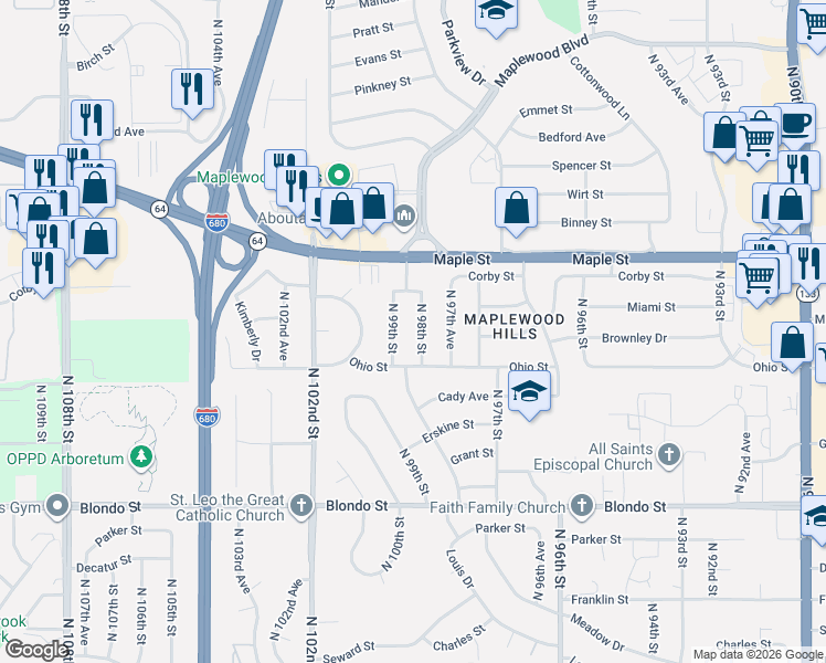 map of restaurants, bars, coffee shops, grocery stores, and more near 2635 North 98th Street in Omaha