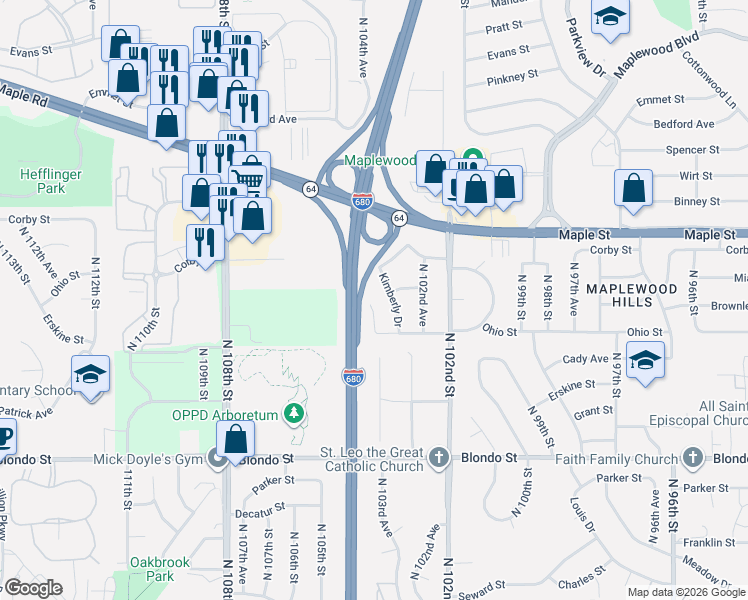 map of restaurants, bars, coffee shops, grocery stores, and more near 2643 North 103rd Court in Omaha