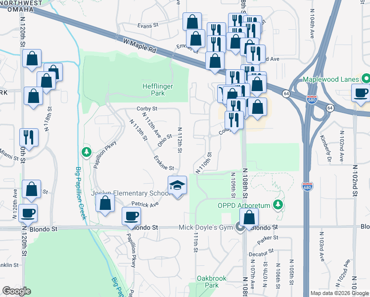 map of restaurants, bars, coffee shops, grocery stores, and more near 11206 Cady Circle in Omaha