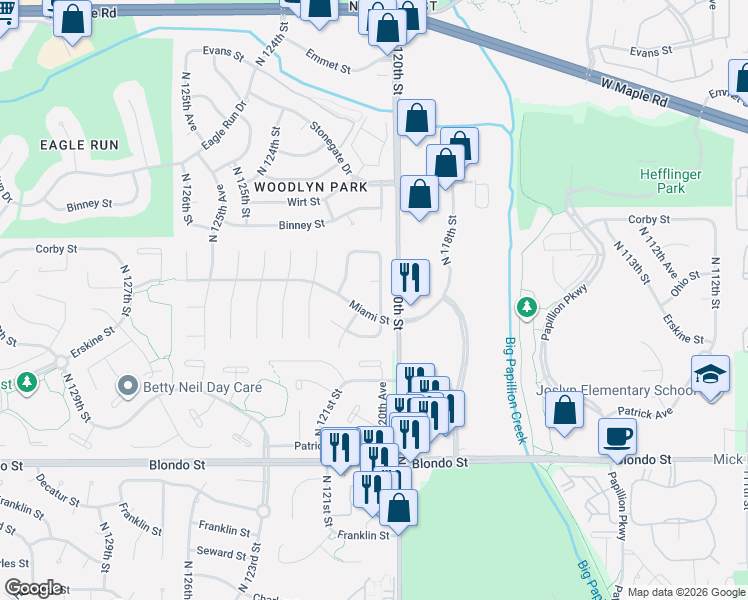 map of restaurants, bars, coffee shops, grocery stores, and more near 12102 Miami Street in Omaha